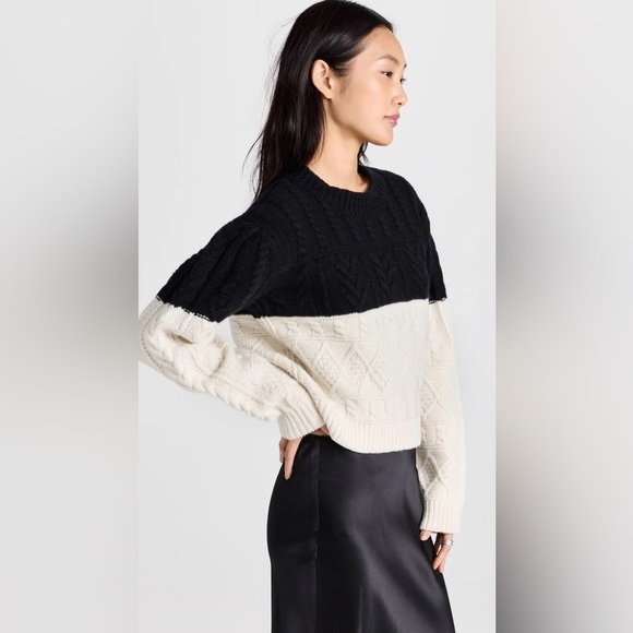 Club Monaco Structured Cable Crew Knit Sweater Black White Wool Size Small - Picture 1 of 13